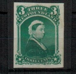 NEWFOUNDLAND - 1868 3c QV (SG type 14) IMPERORATE COLOUR TRIAL printed in blue-green. 