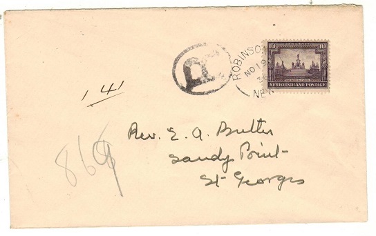 NEWFOUNDLAND - 1936 10c rate cover to Sandy Point used at ROBINSON.