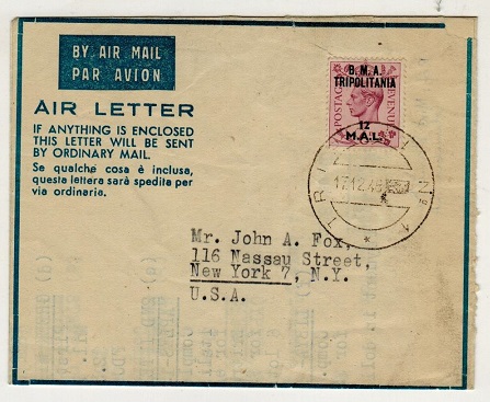 B.O.F.I.C. (Tripolitania) - 1948 12m on 6d rate FORMULA air letter to USA.