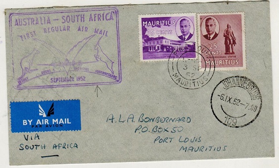 MAURITIUS - 1952 first flight cover to South Africa and returned by Quantas Airways.