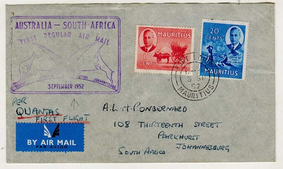MAURITIUS - 1952 first flight cover to South Africa.