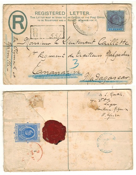 SOUTHERN NIGERIA - 1902 2d ultramarine RPSE to Madagascar uprated with Lagos 2 1/2d adhesive.