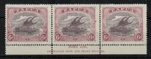 PAPUA - 1927 6d dull purple and red purple JOHN ASH mint imprint strip of three.  SG 101b.