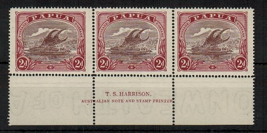 PAPUA - 1931 2d deep brown purple and lake mint T.S.HARRISON imprint strip of three.  SG 96a.