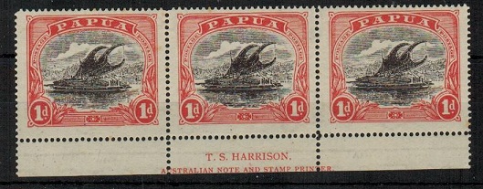 PAPUA - 1926 1d intense black and red mint T.S.HARRISON imprint strip of three.  SG 94c.