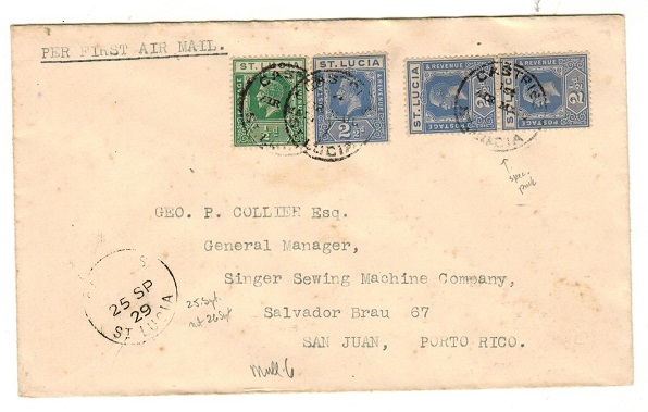 ST.LUCIA - 1929 first flight cover to Porto Rica.