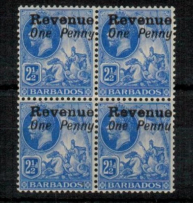 BARBADOS - 1916 2 1/2d REVENUE mint block of four with 