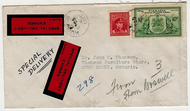 CANADA - 1948 14c rate local cover from HAMILTON with SPECIAL DELIVERY EXPRESS labels applied.