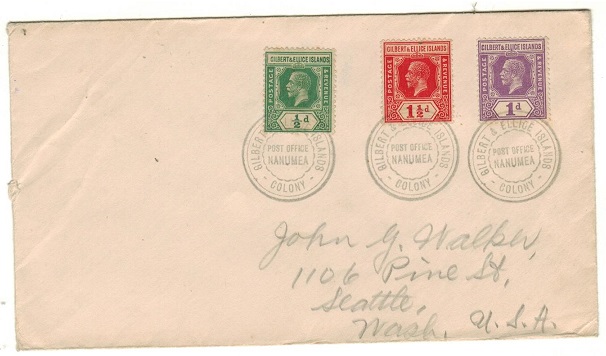 GILBERT AND ELLICE IS - 1938 (circa) cover to USA used at NANUMEA.
