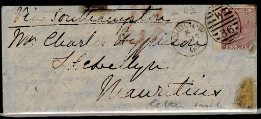 MAURITIUS - 1865 inward cover from UK with 
