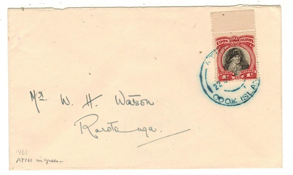 COOK ISLANDS - 1938 1d rate local cover used at ATIU and struck in greenish blue ink.