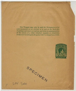 GIBRALTAR - 1938 1/2d green postal stationery wrapper unused SPECIMEN.  H&G 14.