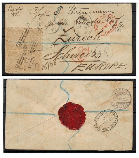 TRANSVAAL - 1895 1/- rate registered cover to Switzerland struck 