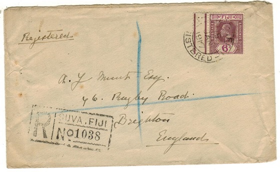 FIJI - 1917 6d rate registered cover to UK.