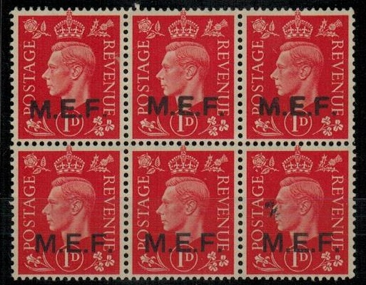 B.O.F.I.C. (MEF) - 1942 1d scarlet mint block of six 
