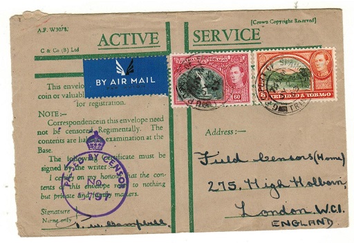 TRINIDAD AND TOBAGO - 1943 censored use of ACTIVE SERVICE green cross envelope to UK.