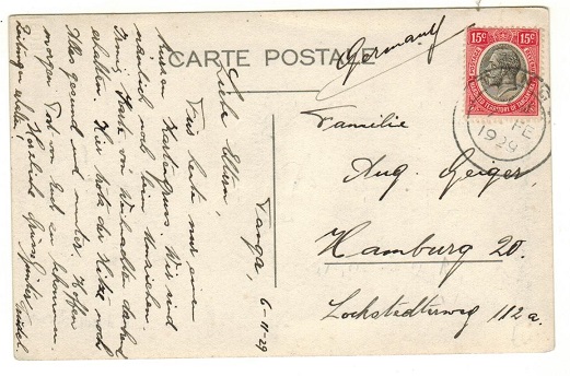 TANGANYIKA - 1929 15c rate postcard use to Germany used at TANGA.