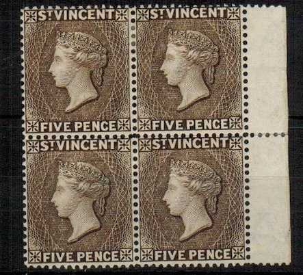 ST.VINCENT - 1897 5d sepia in a fine mint block of four.  SG 62.