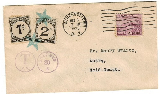 GOLD COAST - 1933 inward underpaid cover from USA with 1d+2d 