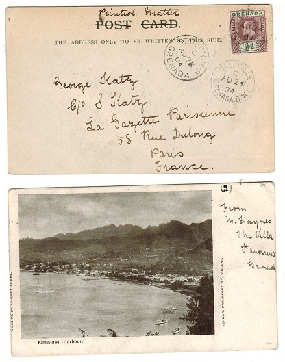 GRENADA - 1904 1/2d rate postcard use to France used at GRENVILLE.