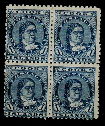 COOK ISLANDS - 1896 1d blue mint block of four.  SG 12.