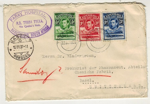 BASUTOLAND - 1939 cover to Switzerland used at THABA TSEKA.