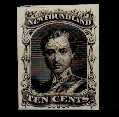 NEWFOUNDLAND - 1865 10c IMPERFORATE PLATE PROOF in black of the 