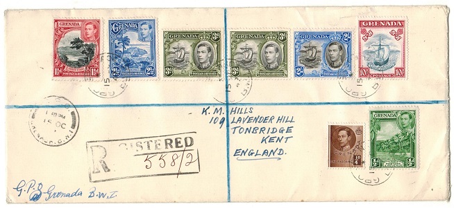 GRENADA - 1947 multi franked registered cover to UK with 10/- (SG 163d) used at GPO/GRENADA.