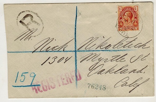 TURKS AND CAICOS IS - 1917 1/- rate registered cover to USA.