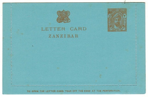 ZANZIBAR - 1926 3c brown orange postal stationery letter card unused.  H&G 4.