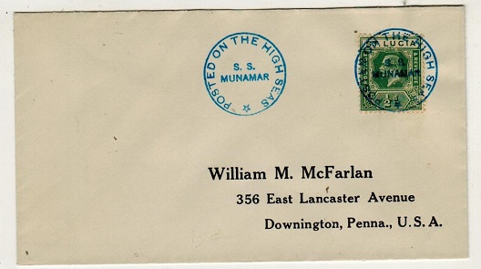 ST.LUCIA - 1930 (circa) 1/2d rate cover to USA used aboard S.S.MUNAMAR.
