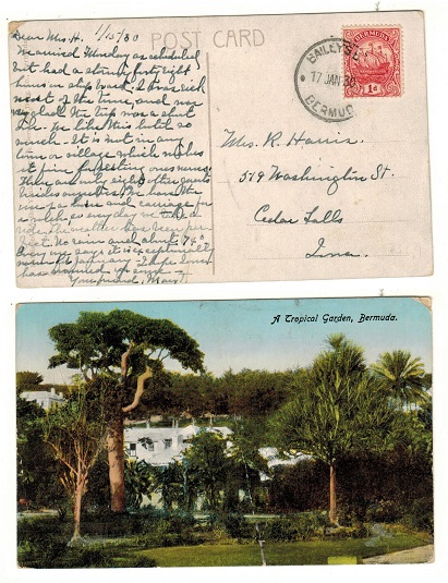 BERMUDA - 1930 1d rate postcard use to USA used at BAILEYS BAY.