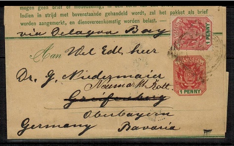 TRANSVAAL - 1899 1d carmine and green postal stationery wrapper uprated to Germany.  H&G 2.
