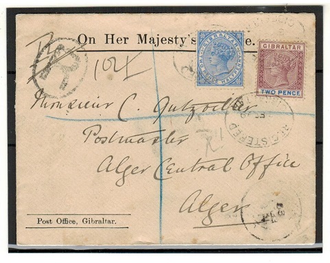 GIBRALTAR - 1899 4 1/2d rate registered cover to Alger.