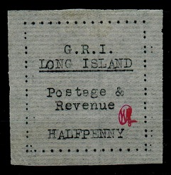 LONG ISLAND - 1916 1/2d black on laid paper G.R.I./LONG ISLAND adhesive.  SG 7.