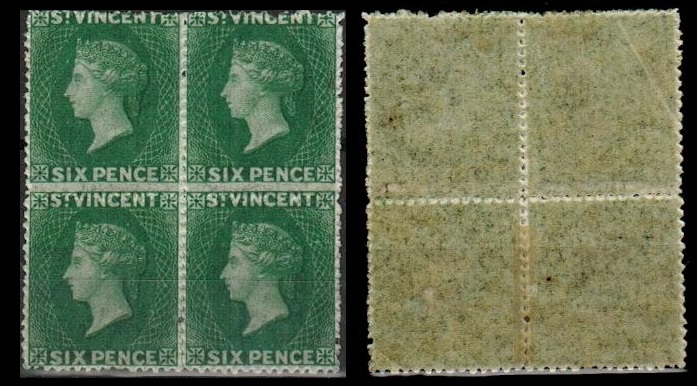 ST.VINCENT - 1862 6d deep green mint block of four.  SG 4.