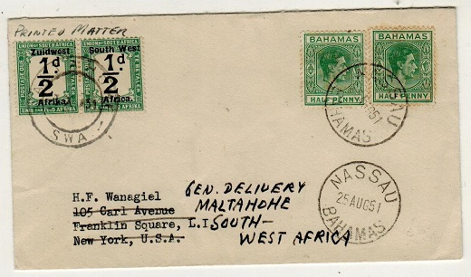 SOUTH WEST AFRICA - 1951 inward underpaid cover from Bahamas with 1/2d 