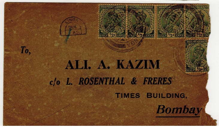 BR.P.O.IN E.A. (Linga) - 1921 under franked cover to Bombay from LINGA with rare