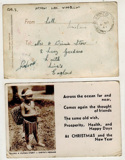 SIERRA LEONE - 1941 FPO/41 postcard use to UK with scarce RAF censor strike.