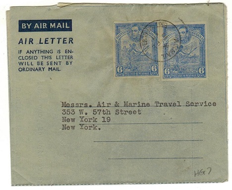 BRITISH GUIANA - 1952 6c blue AIR LETTER to USA with additional 6c 