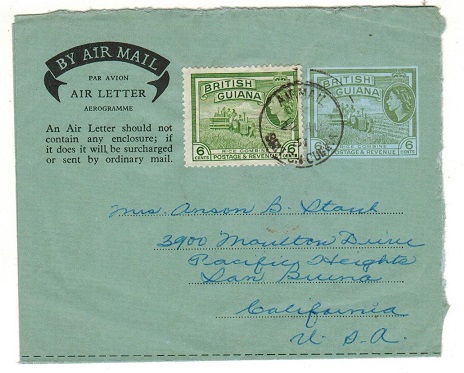 BRITISH GUIANA - 1960 6c green AIR LETTER uprated to USA.  H&G 14.