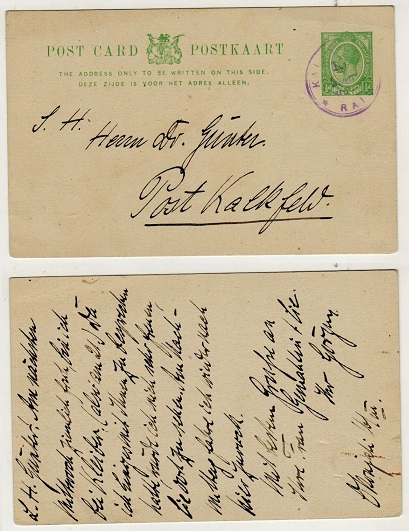 SOUTH WEST AFRICA - 1913 1/2d green PSC of South Africa used at KALK RAIL.  H&G 1.