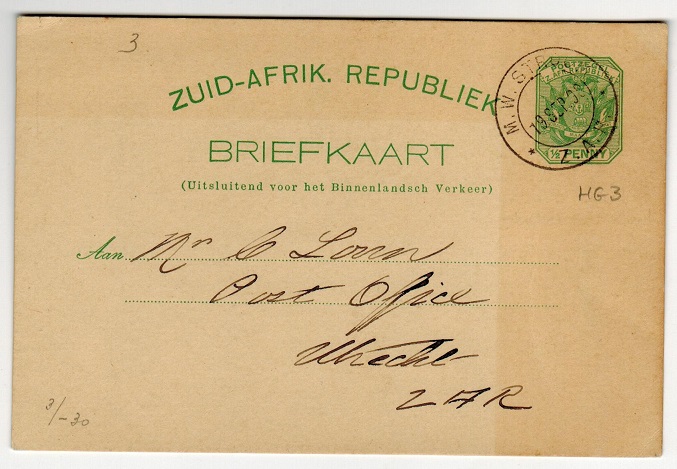 TRANSVAAL - 1896 1/2d green PSC used locally at M.W.STROOM.  H&G 3.