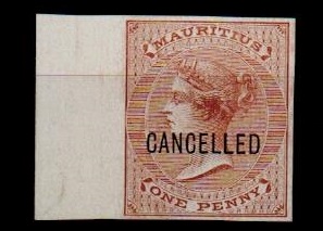 MAURITIUS - 1863-72 1d yellow brown IMPERFORATE PLATE PROOF struck CANCELLED.