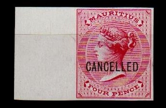 MAURITIUS - 1863-72 4d rose IMPERFORATE PLATE PROOF struck CANCELLED.
