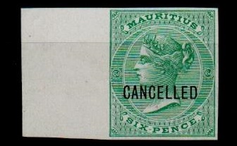MAURITIUS - 1863-72 6d blue green IMPERFORATE PLATE PROOF struck CANCELLED.