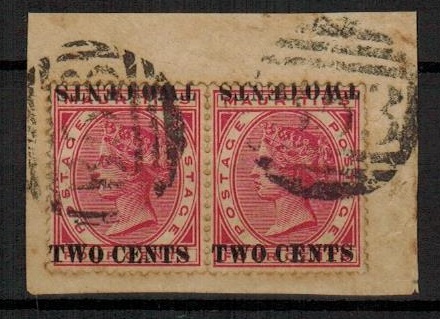 MAURITIUS - 1891 2c on 4c carmine used pair on piece both DOUBLE OVERPRINT/ONE INVERTED. SG 118c.