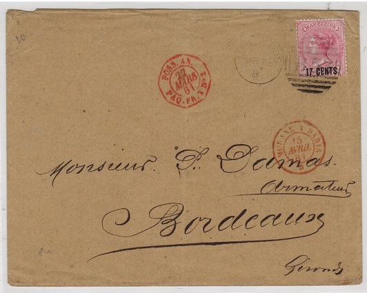 MAURITIUS - 1881 17c on 4d rose surcharge cover to France.