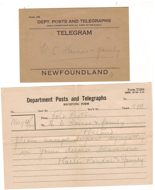 NEWFOUNDLAND - 1939 (circa) telegram form complete with TELEGRAM envelope.