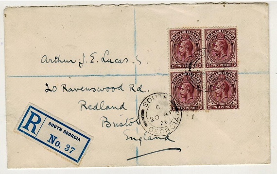 FALKLAND ISLANDS - 1926 8d rate registered cover to UK (fold) used at SOUTH GEORGIA.